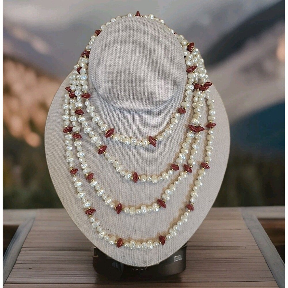 Mid Century Long Faux Pearl Faux Carnelian Beads Beaded Layer Knot Necklace 33"
